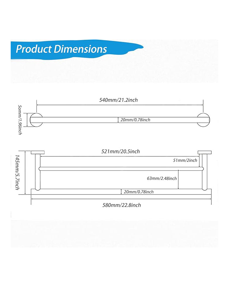 Double Towel Rail Wall Mounted Silver 58cm