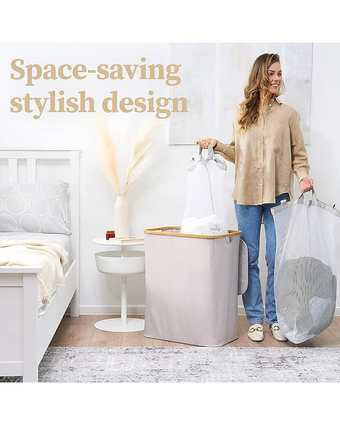 Hennez 140L Double Laundry Hamper Removable Bags Grey