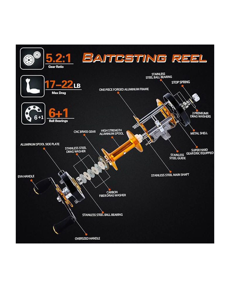7’ Fishing Rod Reel Casting Combo Round Gold