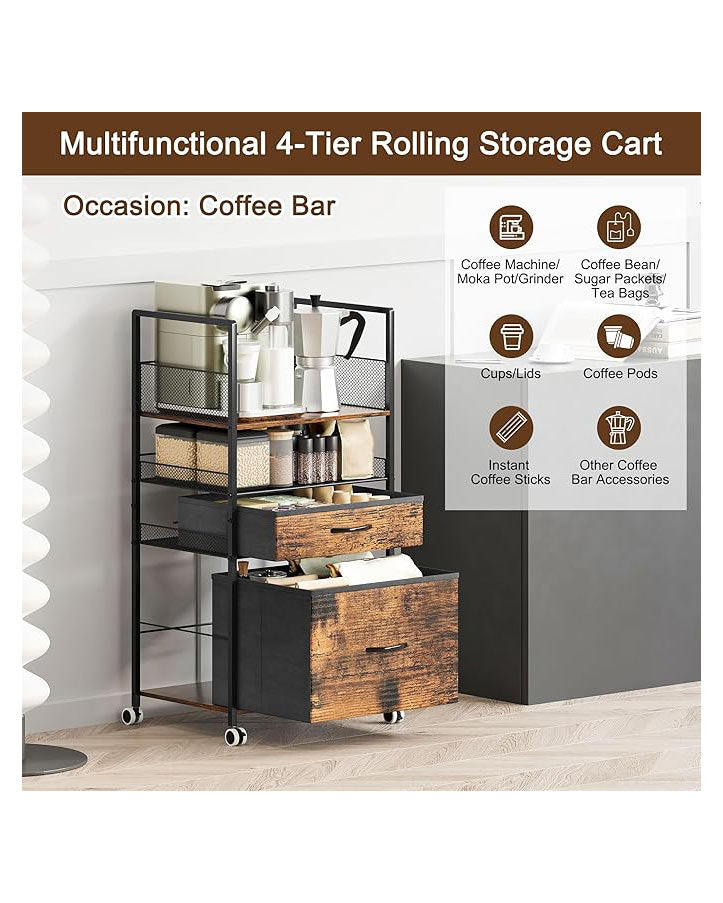 3 Tier Rolling Utility Cart with 2 Drawers Metal Black