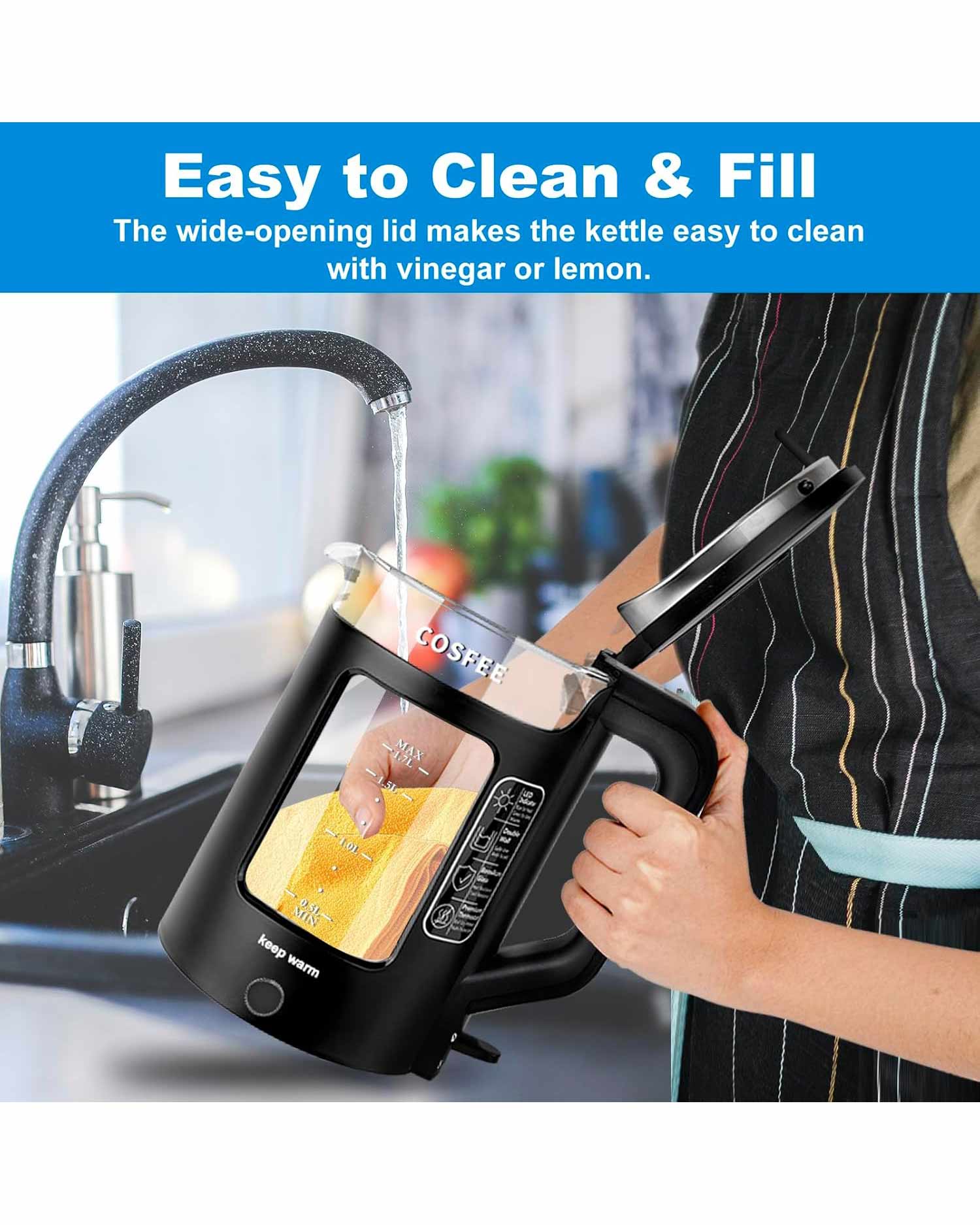 COSFEE Electric Kettle 1.7L, Fast Boil Auto Shut-Off Black