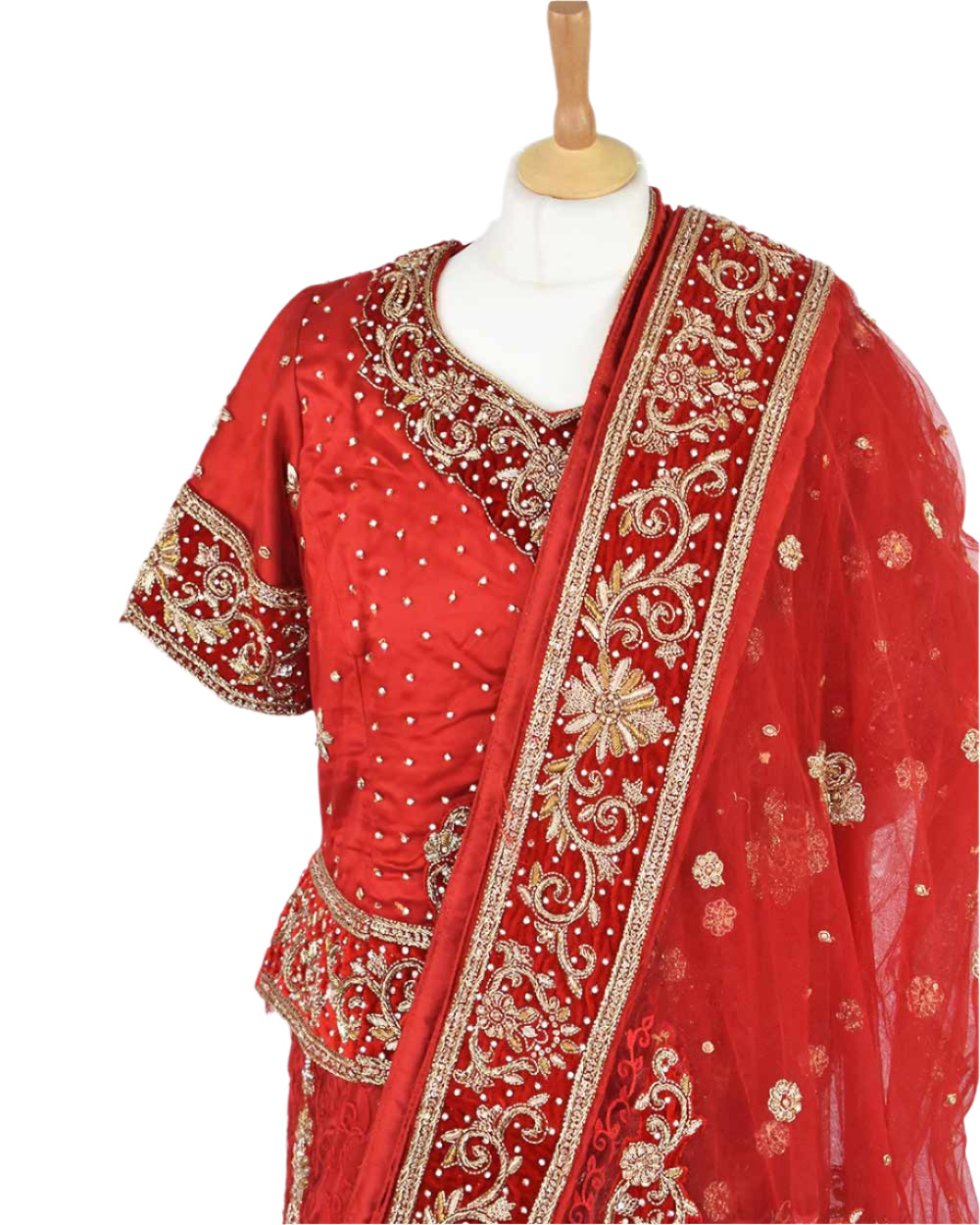 Red 3 Piece Bridal Peplum Lehenga Dupatta Size 12-14