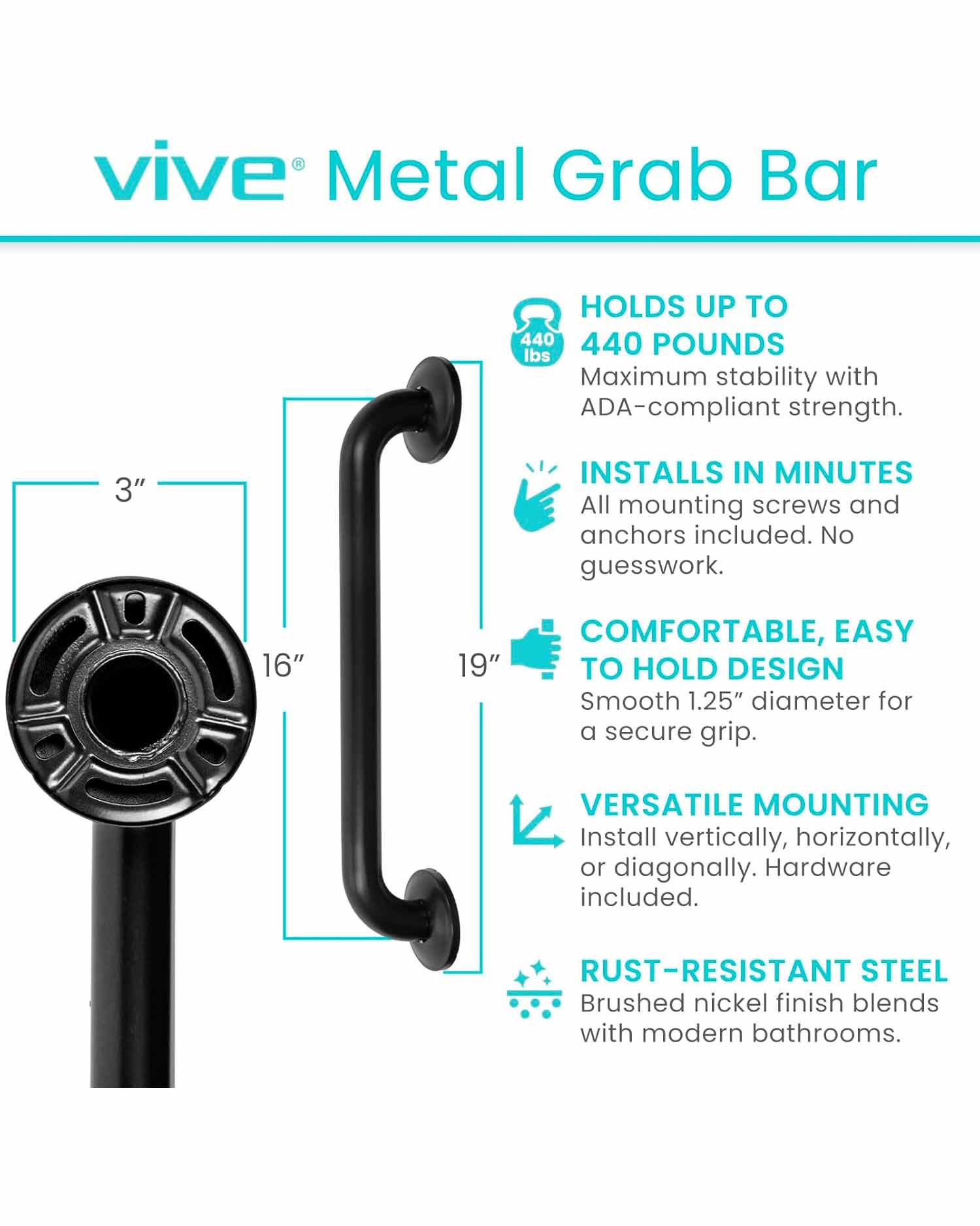 Vive Grab Bar for Bathtubs and Showers 16" Black