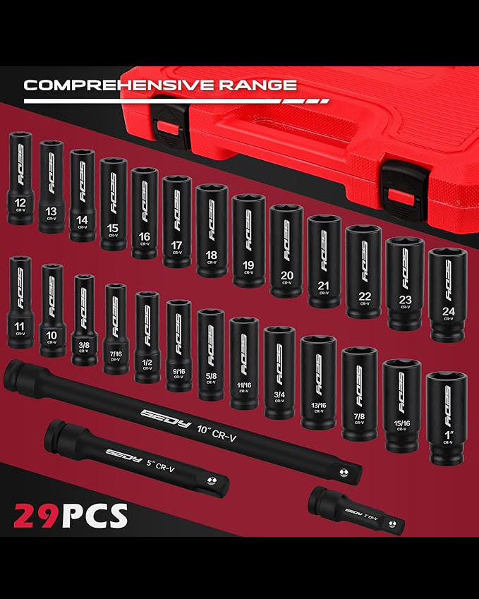 SEDY 29 Piece 1/2" Drive Impact Socket Set 3/8 to 1 inch