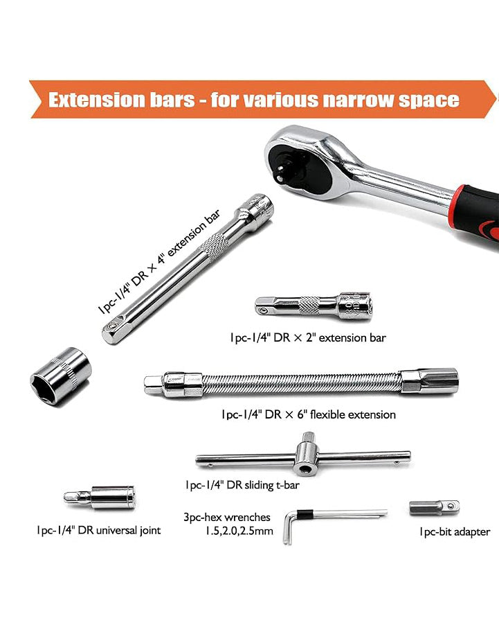 46 Piece Socket Wrench Set 1/4 Inch Drive Ratchet Set