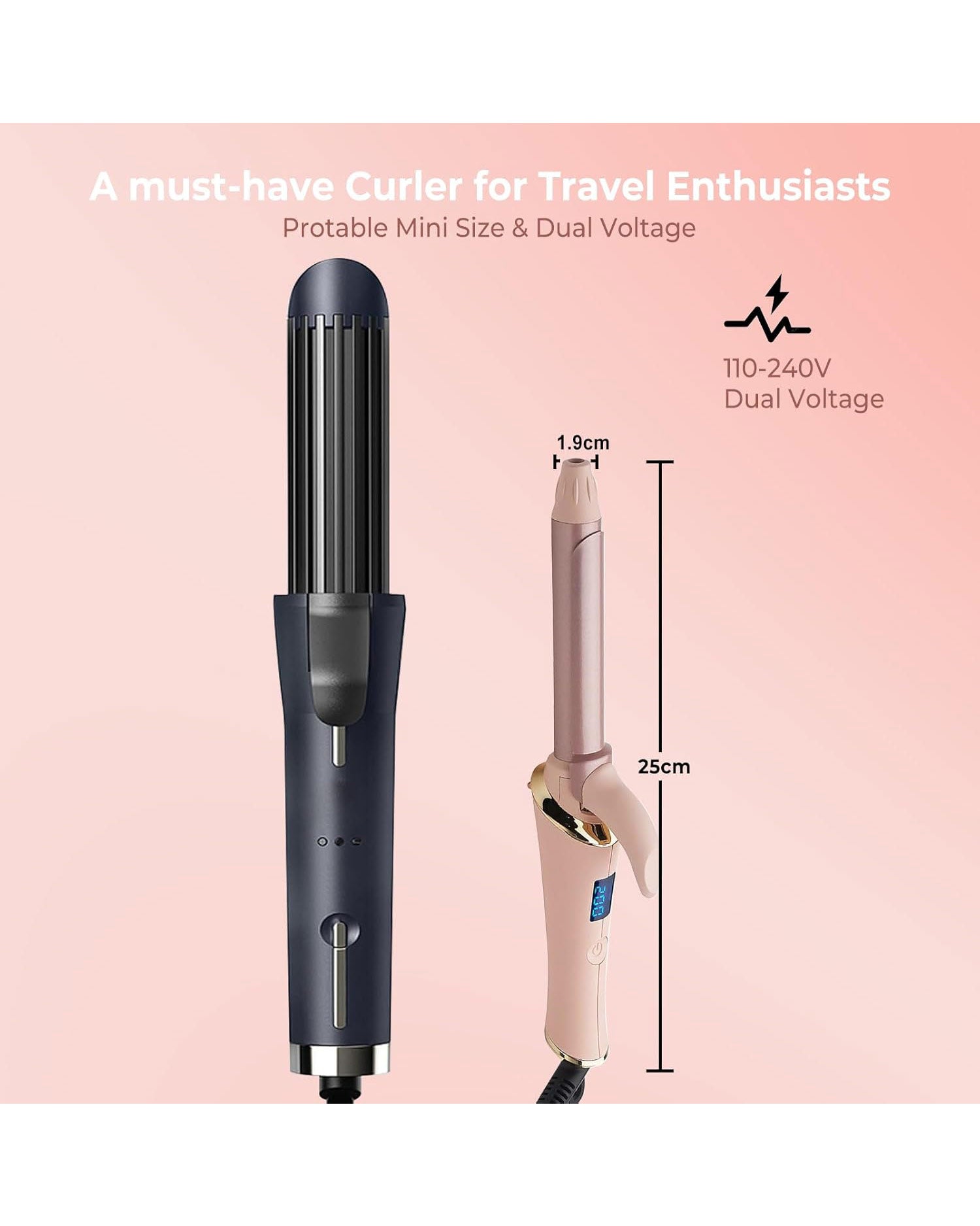 Mini Travel Curling Tongs 19mm Adjustable Temperature Pink