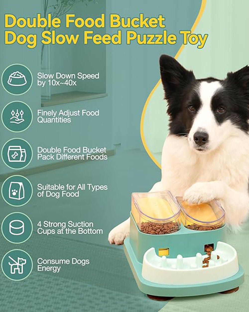Double Food Bucket Slow Feeder Dog Bowls Puzzle Toy Green