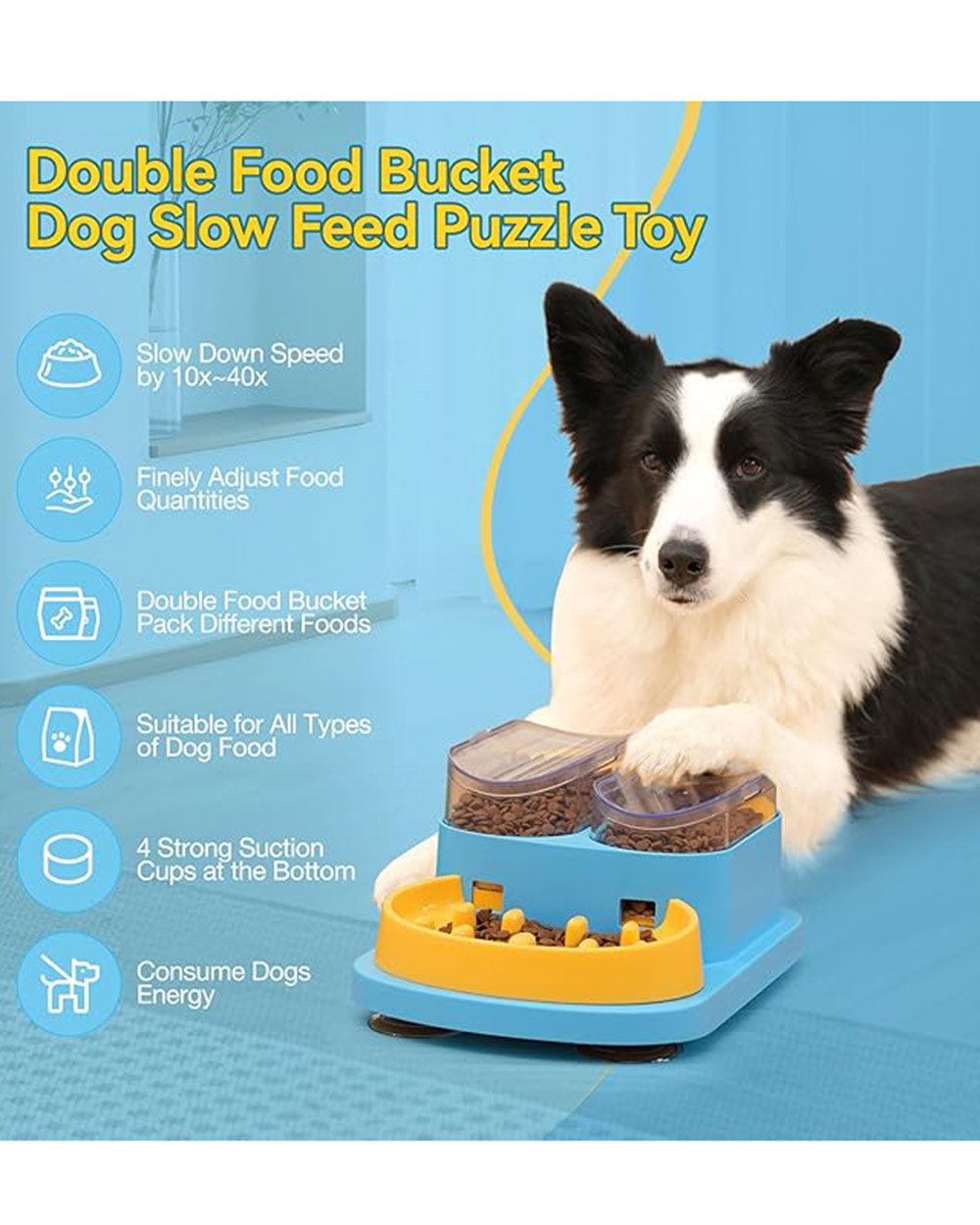 Double Food Bucket Slow Feeder Dog Bowls Puzzle Toy Blue