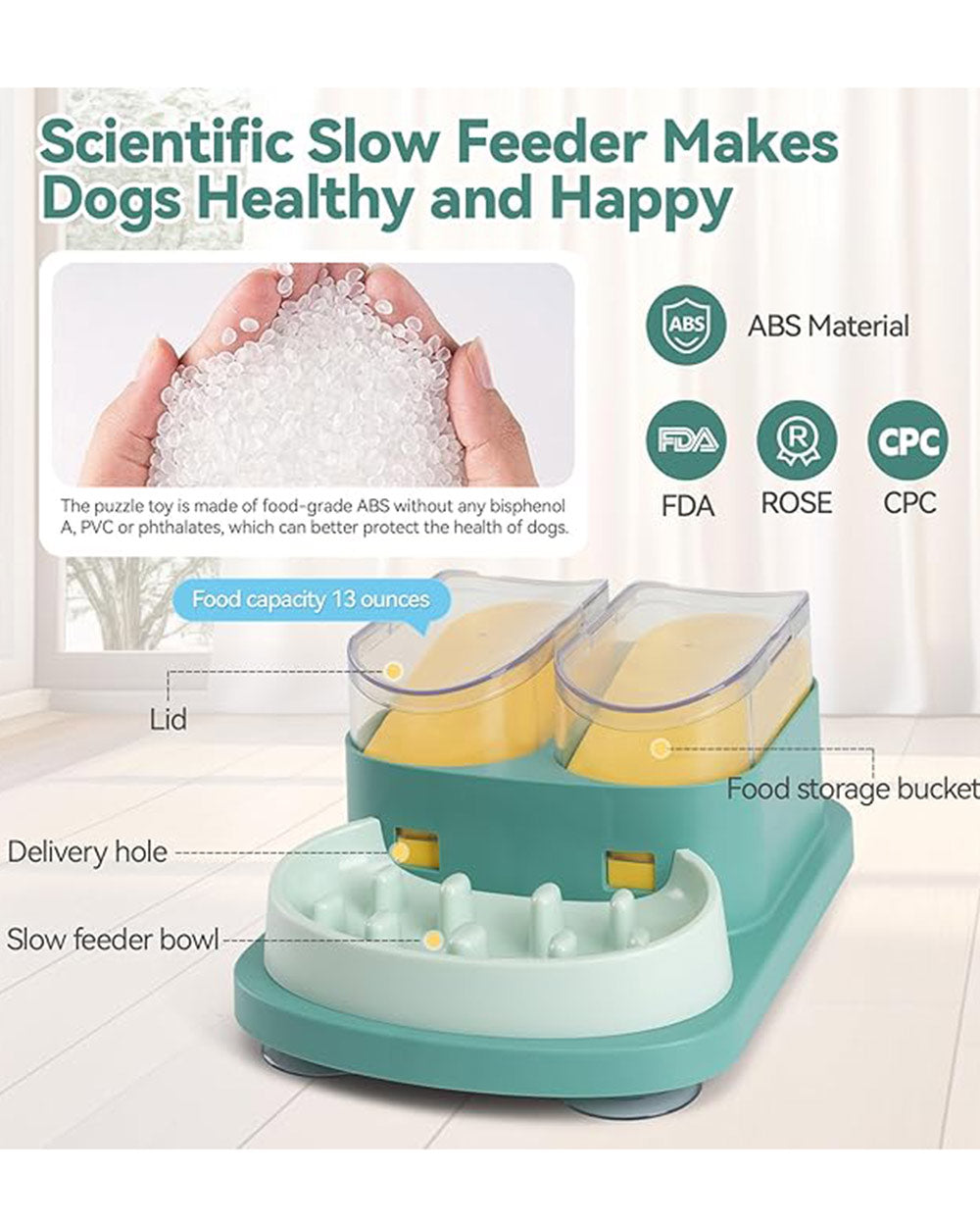 Double Food Bucket Slow Feeder Dog Bowls Puzzle Toy Green