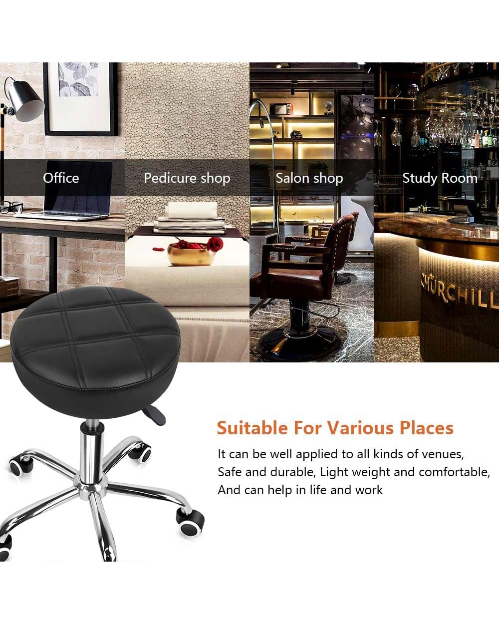 Round Rolling Stool Chair PU Leather Black