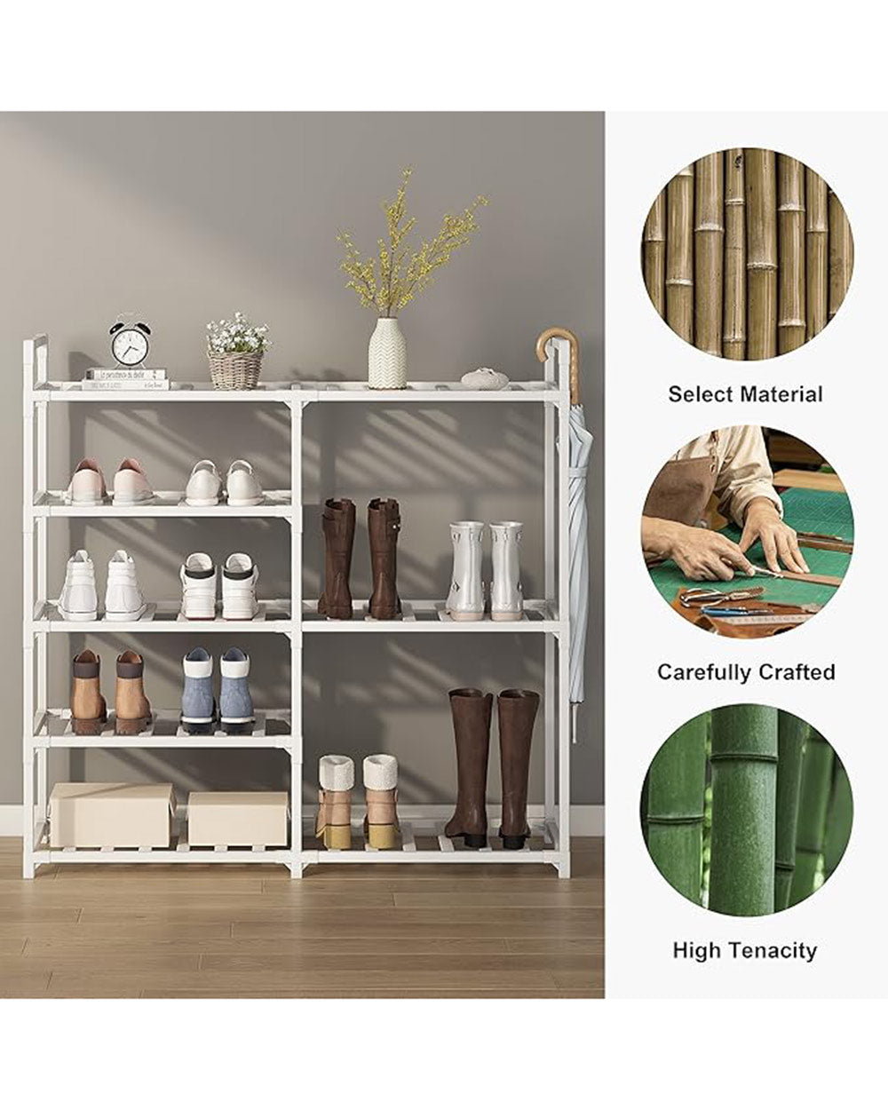 Bamboo Shelving 5 Tier Shoe Rack Storage White