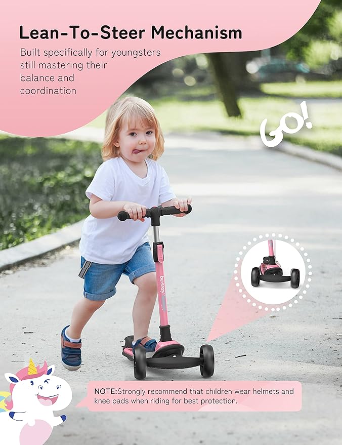 Kids Besrey Light Up Pink Scooter 3 Wheels Unicorn