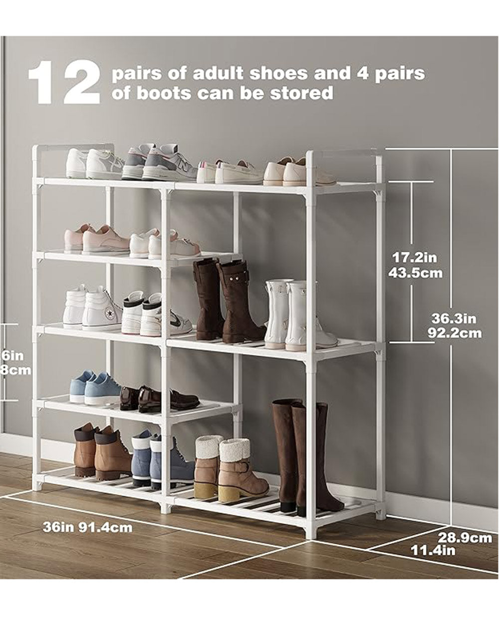Bamboo Shelving 5 Tier Shoe Rack Storage White