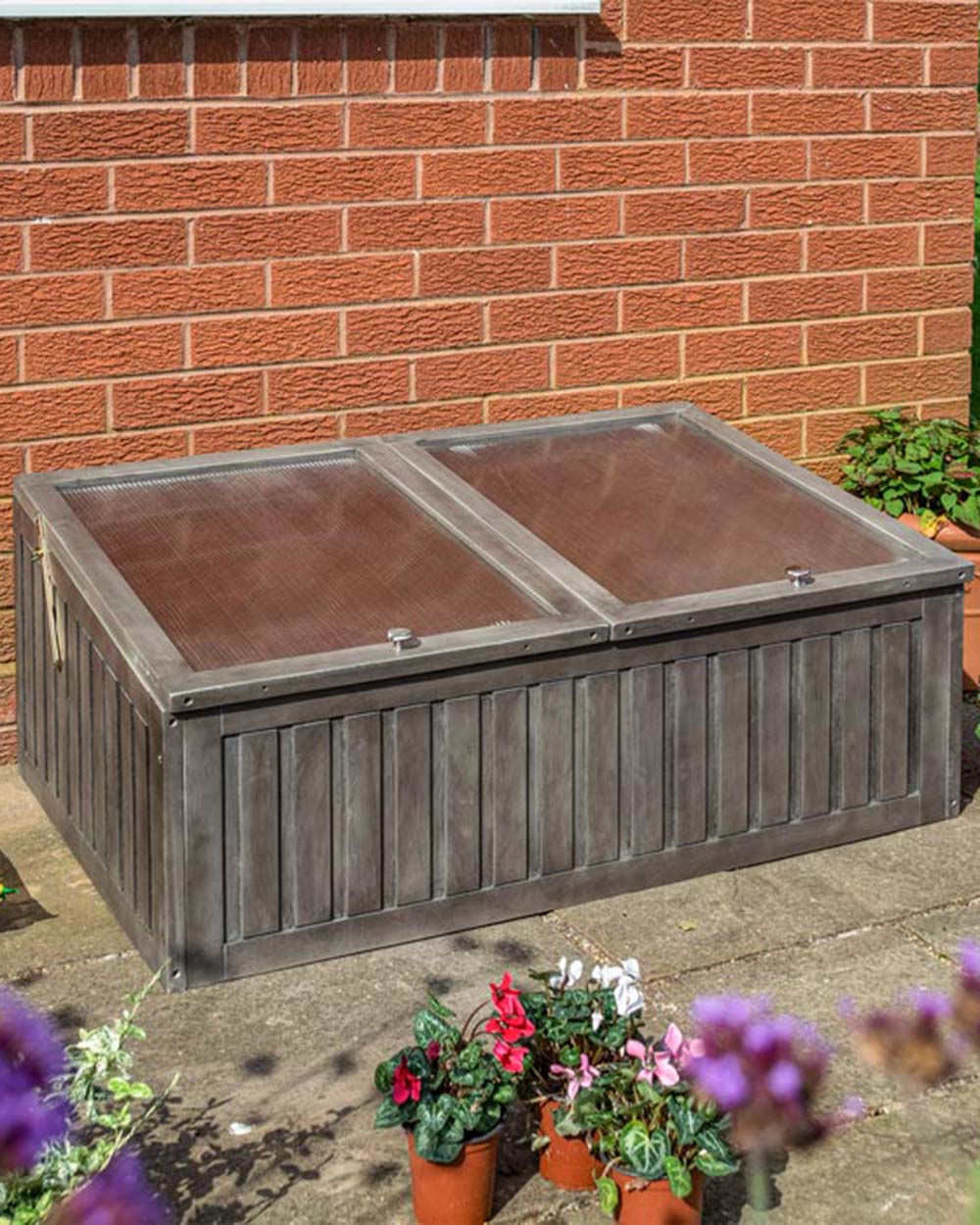 Alderly cold frame from Rowlinson in a garden setting with both lids down
