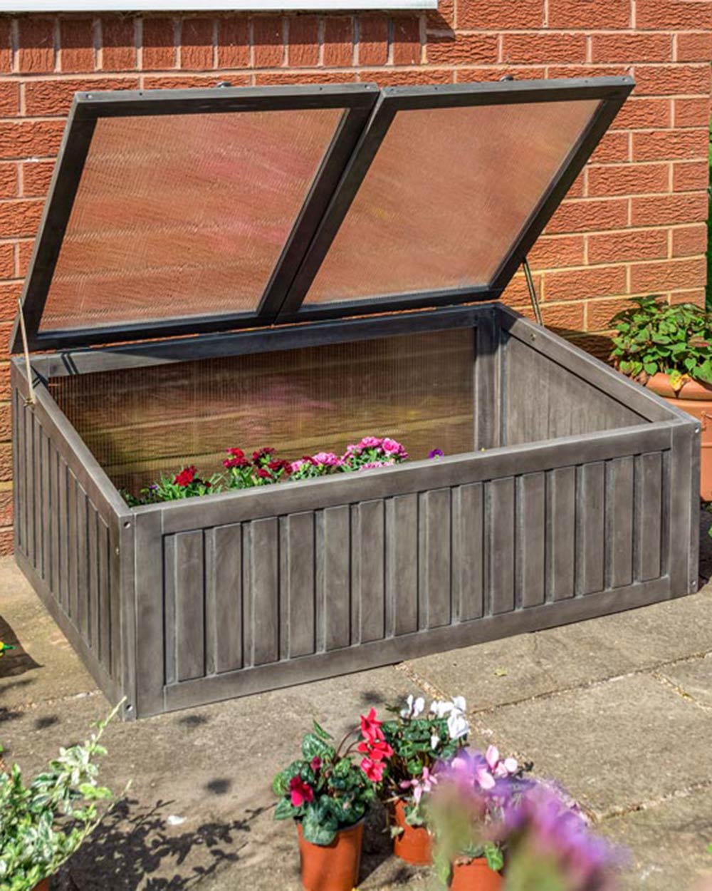 Alderly cold frame by Rowlinson in a garden setting with both lids lifted up with plants inside