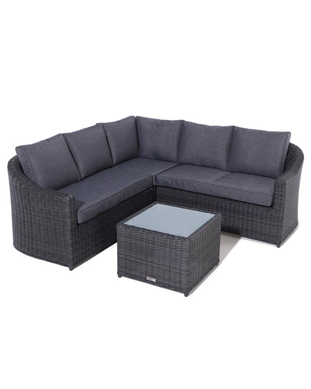 rattan corner sofa set garden furniture in modern grey with thick padded cushions and coffee table on a white cut out background