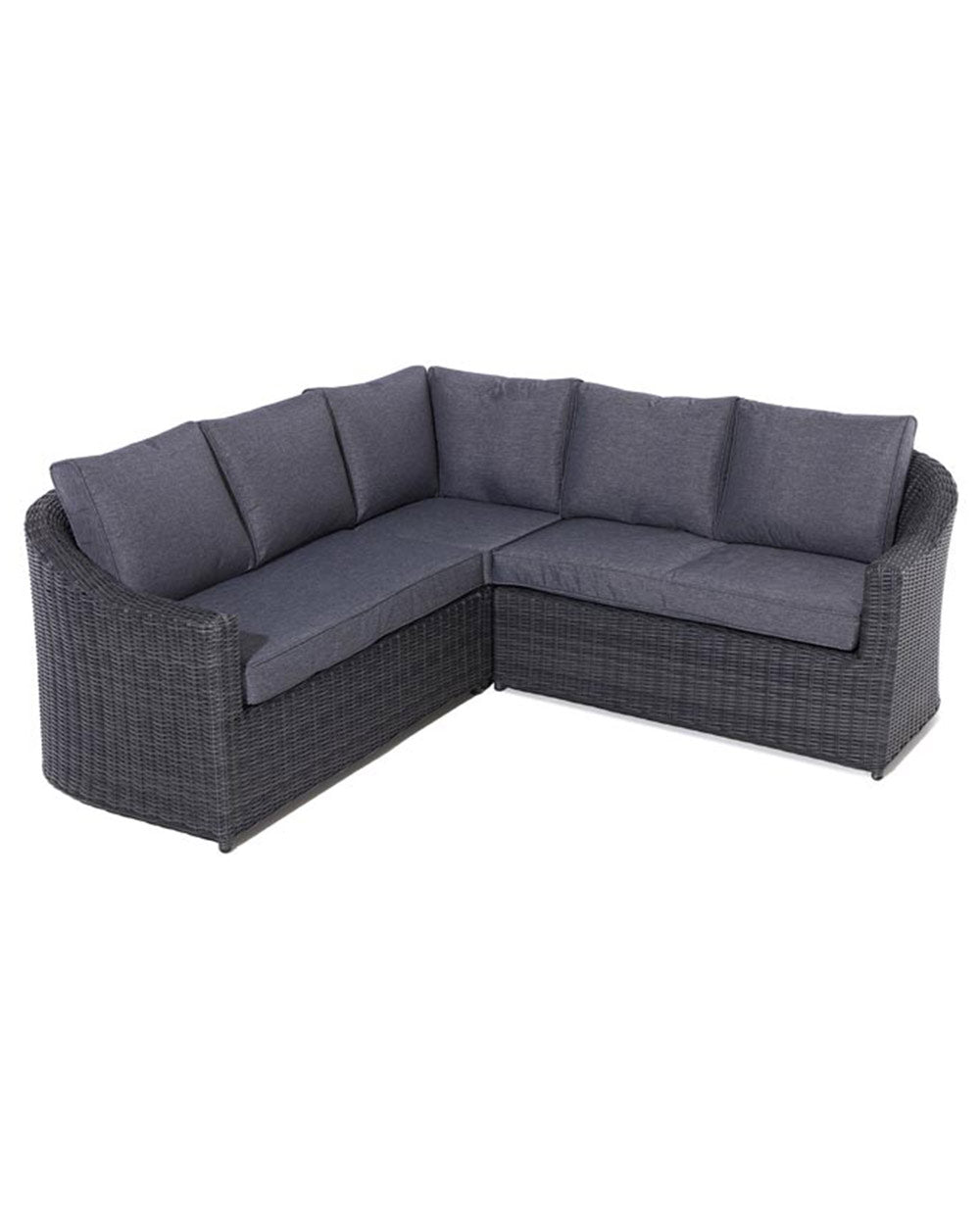 rattan corner sofa set garden furniture in modern grey with thick padded cushions on a white cut out background