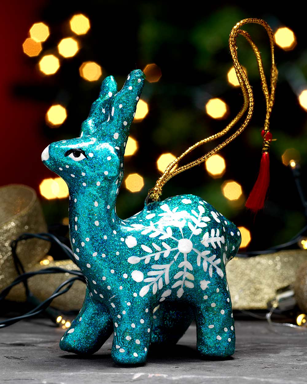 Handmade Reindeer Christmas Decoration blue hand crafted in India, fair trade and bio degradable