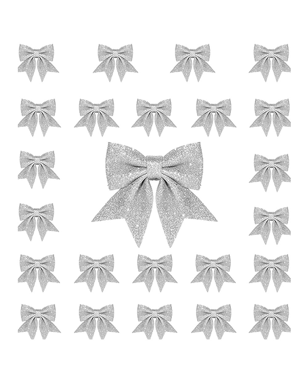 deal for filling in space on your tree. Hang them from your windows or doors to add some Christmas cheer to your home. Great for Christmas crafts or adding that special touch to gift boxes. Each bow measures 14cm x 14cm / 5.5 x 5.5in. Made of high-quality material. Bows are in the typical shape with glitter sequin on the surface with a wire tie on the reserve side.