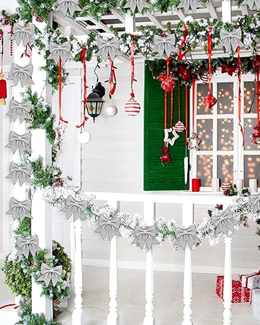 deal for filling in space on your tree. Hang them from your windows or doors to add some Christmas cheer to your home. Great for Christmas crafts or adding that special touch to gift boxes. Each bow measures 14cm x 14cm / 5.5 x 5.5in. Made of high-quality material. Bows are in the typical shape with glitter sequin on the surface with a wire tie on the reserve side.