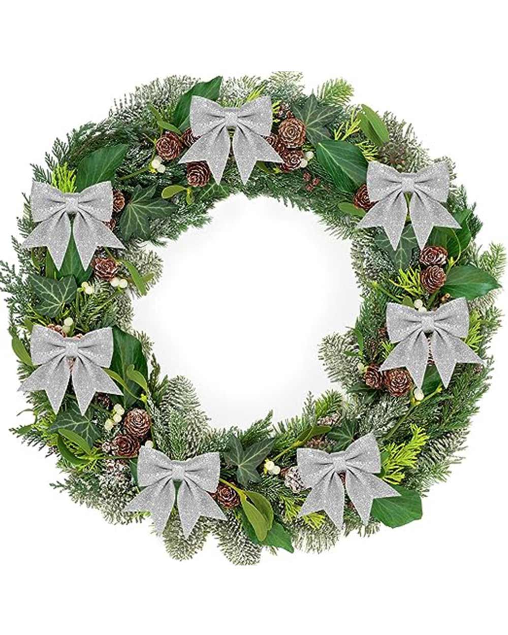 deal for filling in space on your tree. Hang them from your windows or doors to add some Christmas cheer to your home. Great for Christmas crafts or adding that special touch to gift boxes. Each bow measures 14cm x 14cm / 5.5 x 5.5in. Made of high-quality material. Bows are in the typical shape with glitter sequin on the surface with a wire tie on the reserve side.