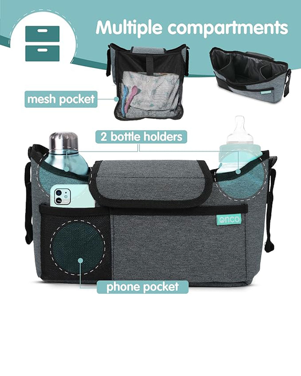Onco Multifunctional Stroller Pram Organiser Bag Grey