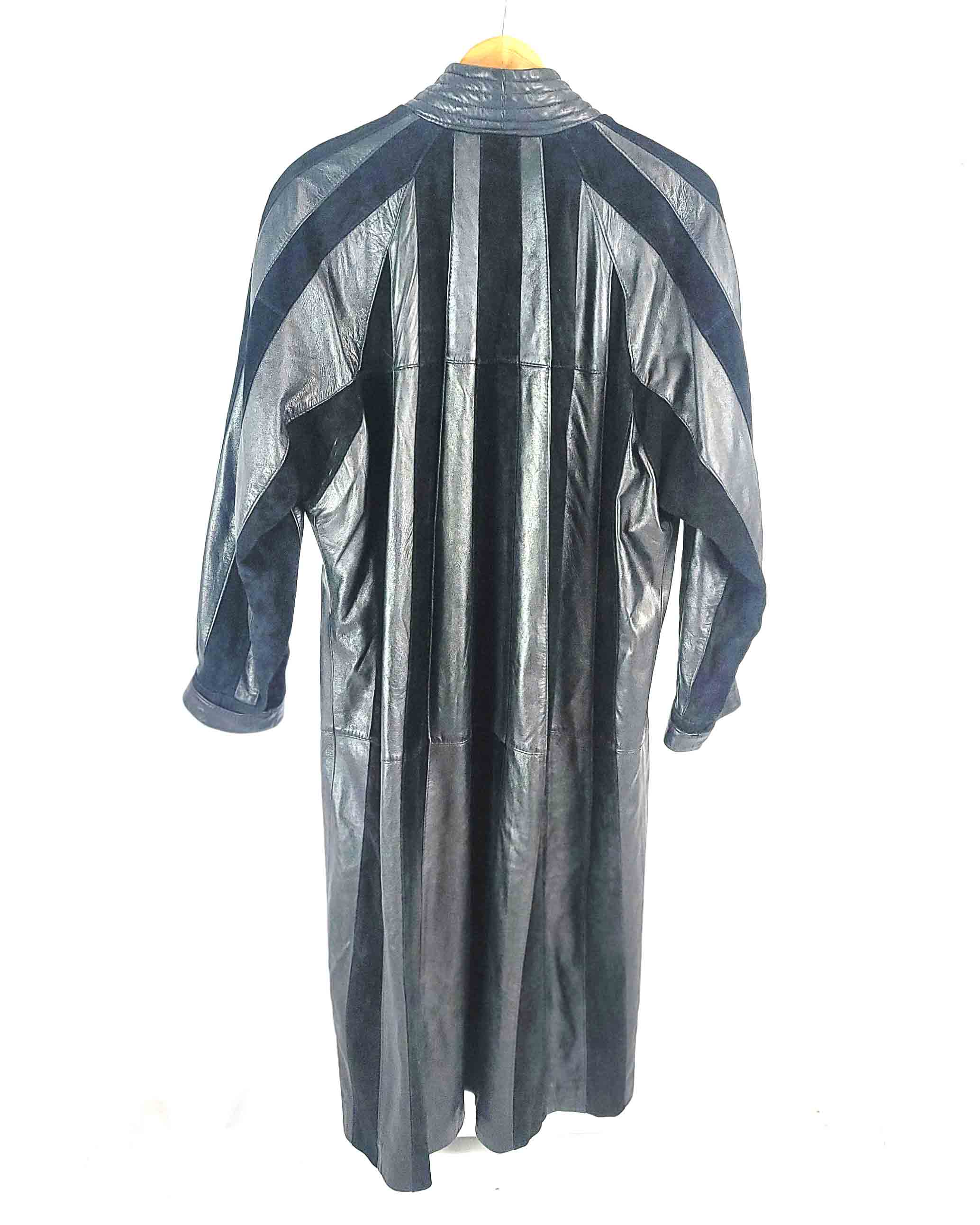 Womens Long Black Leather Stripped Coat