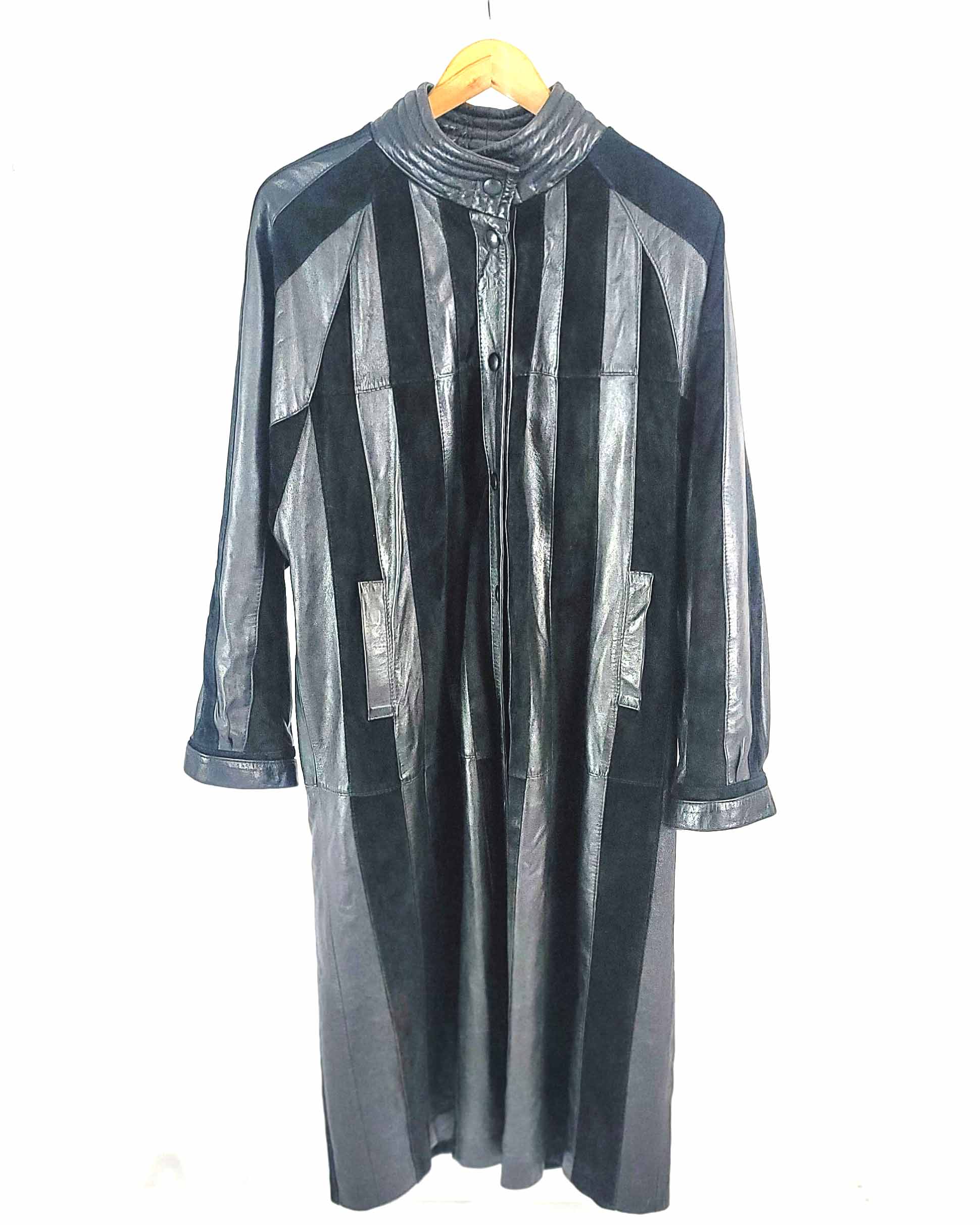 Womens Long Black Leather Stripped Coat