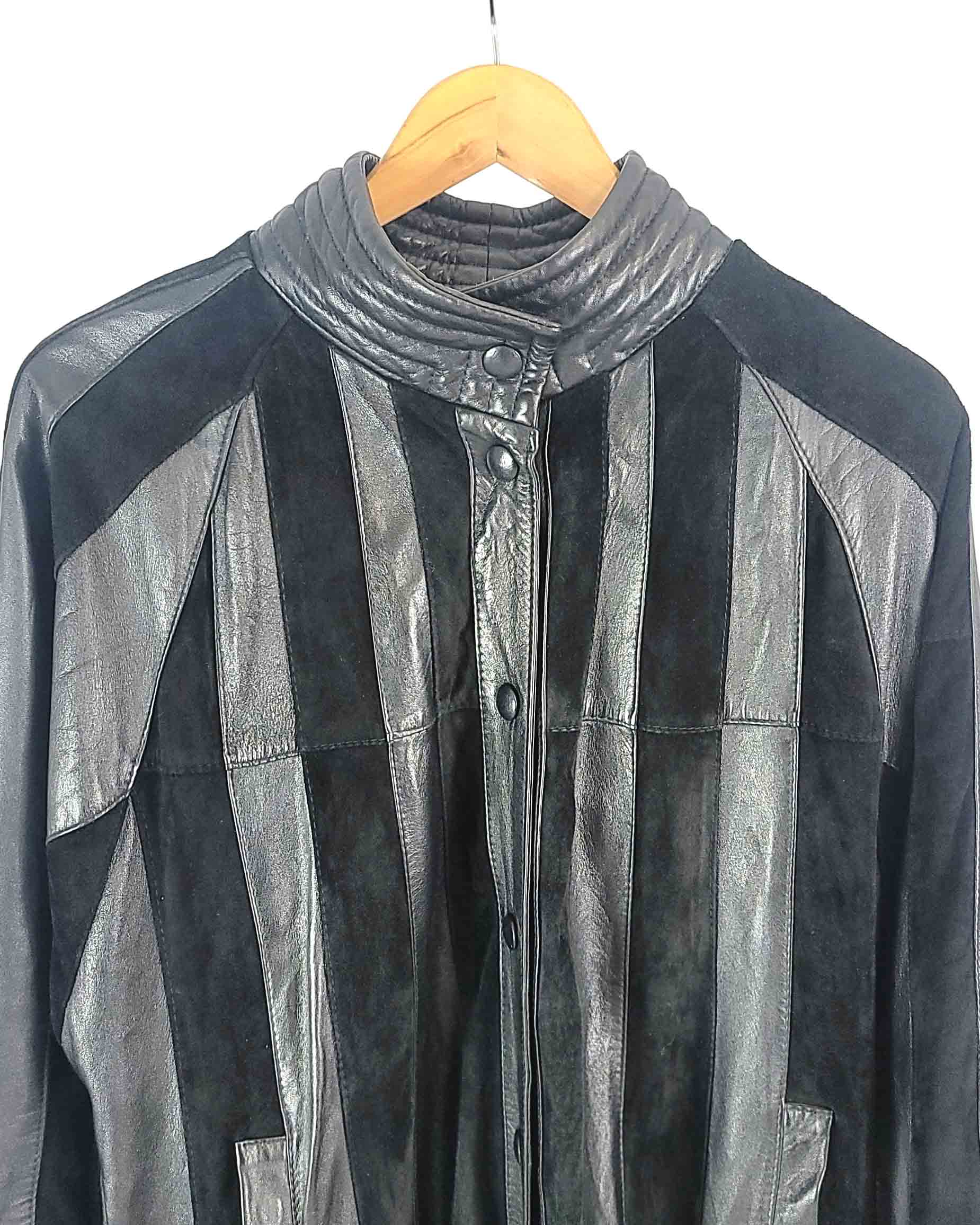 Womens Long Black Leather Stripped Coat