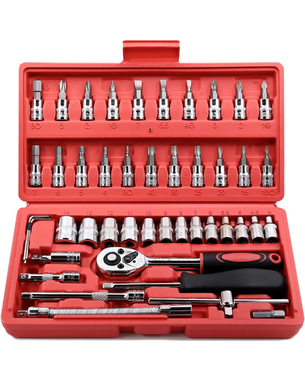 Set of tools in a red case on a white background