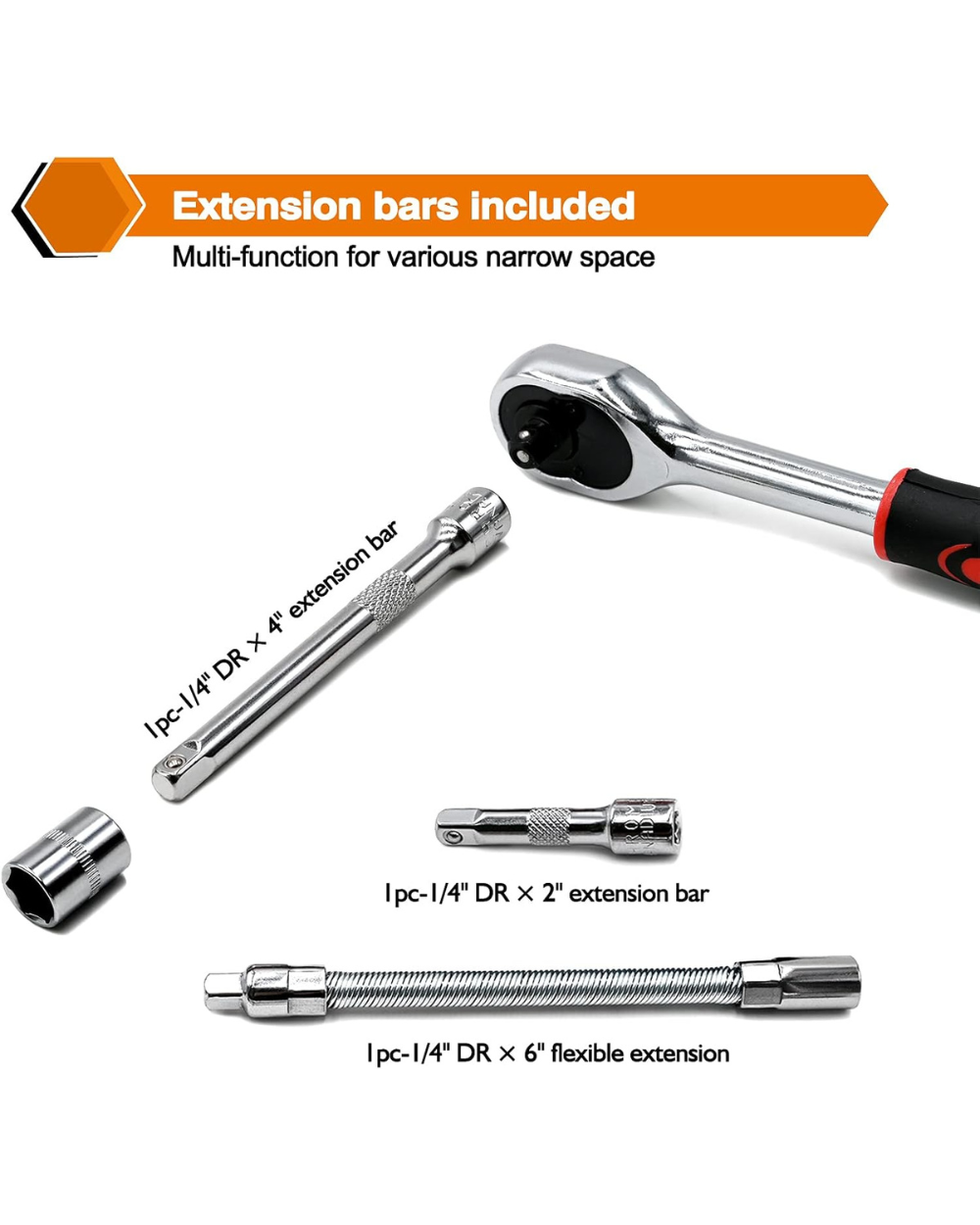 Set of extension bars with a wrench on a white background