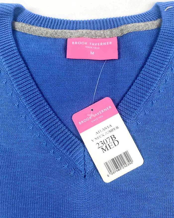 Brook Taverner Atlanta jumper which has been zoomed in to the v neck and tags to display these jumpers are brand new with tags
