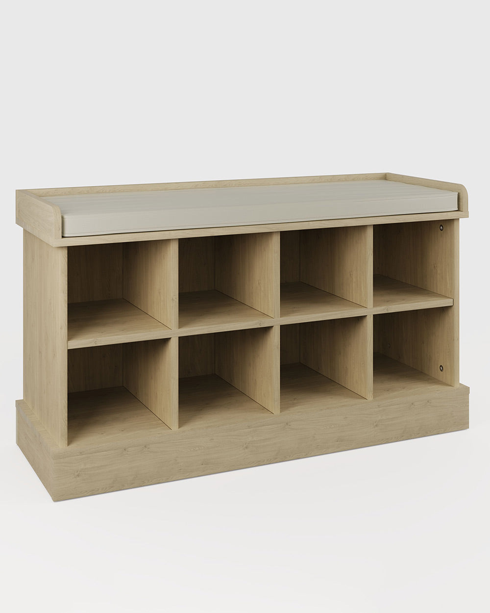 Kempton shoe bench in oak effect on a white cut out background angled view