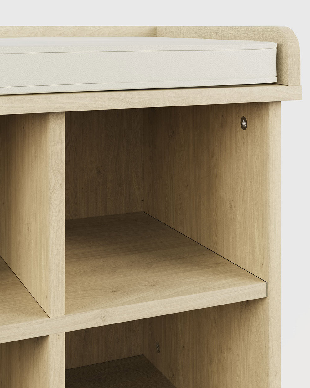 Kempton shoe bench in oak effect on a white cut out background close up of the seat