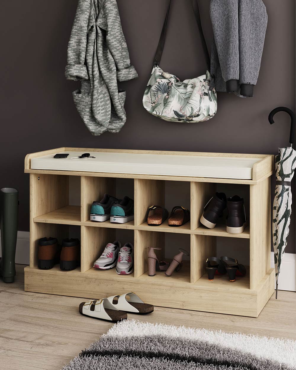Kempton shoe rack from GFW styled in a lifestyle setting in a hallway with shoes and accessories
