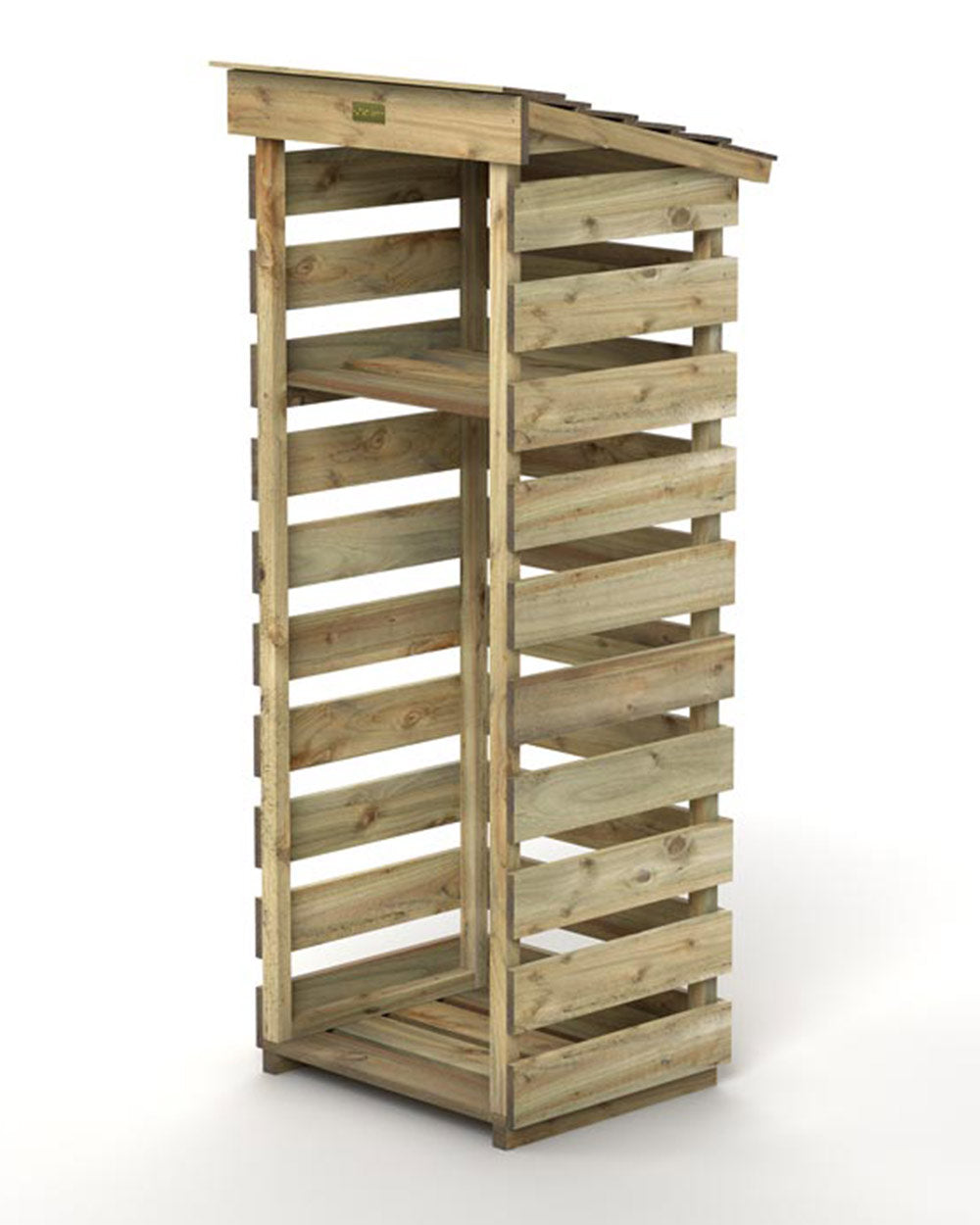 Slim log store narrow outdoor storage for wood kindling. Photographed on a white back ground