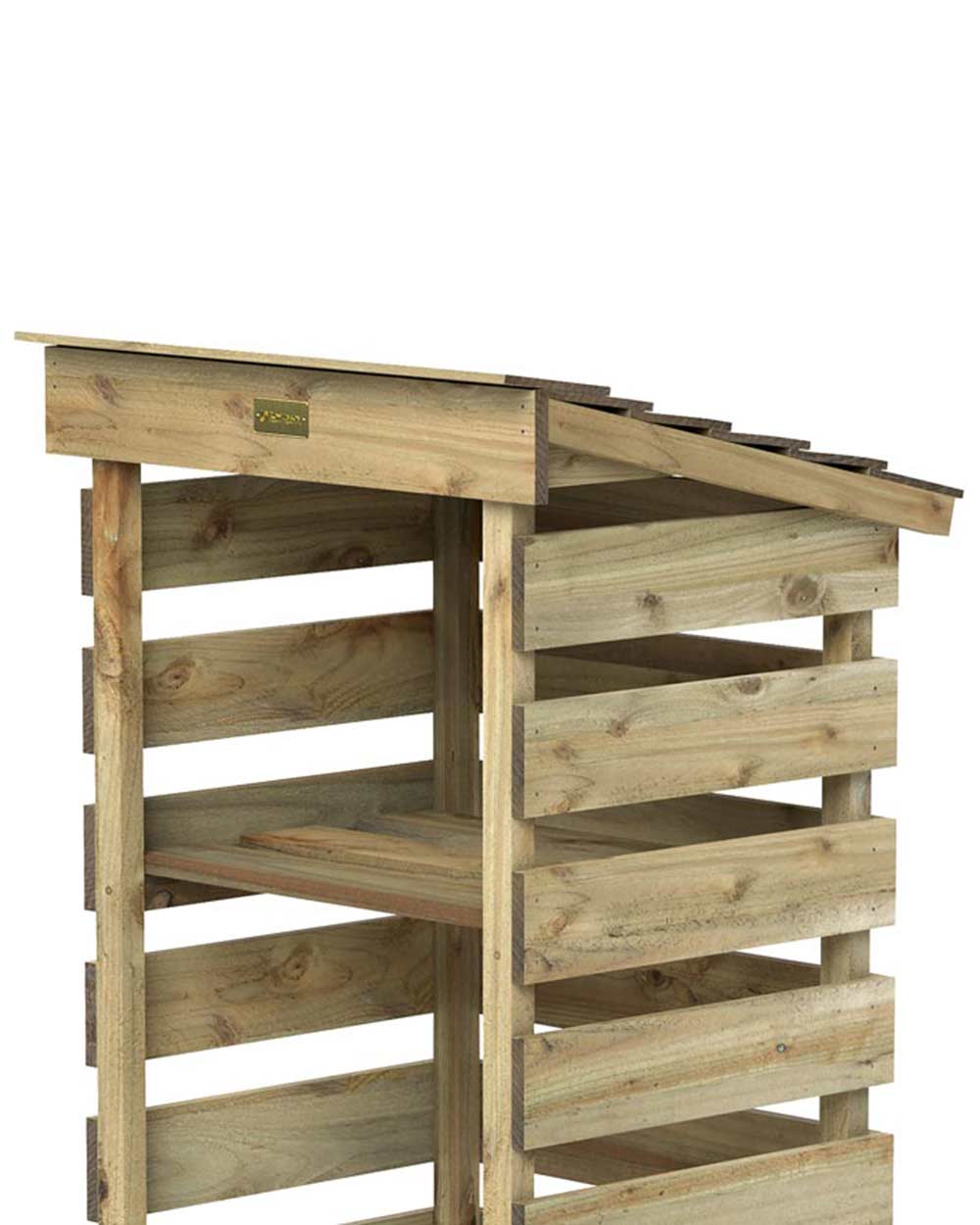 Slim log store narrow outdoor storage for wood kindling. Photographed on a white back ground close up of the top