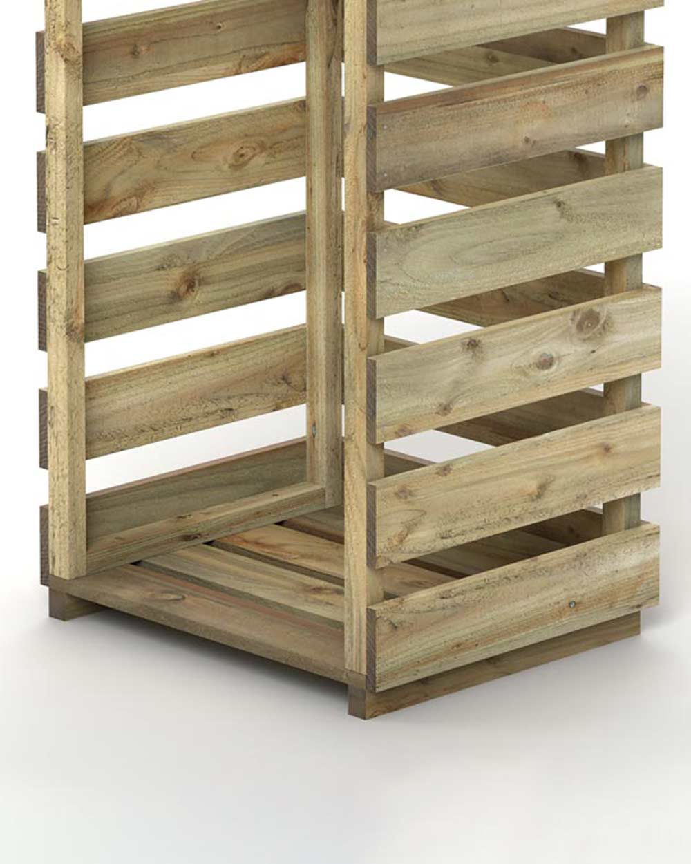 Slim log store narrow outdoor storage for wood kindling. Photographed on a white back ground close up of the bottom