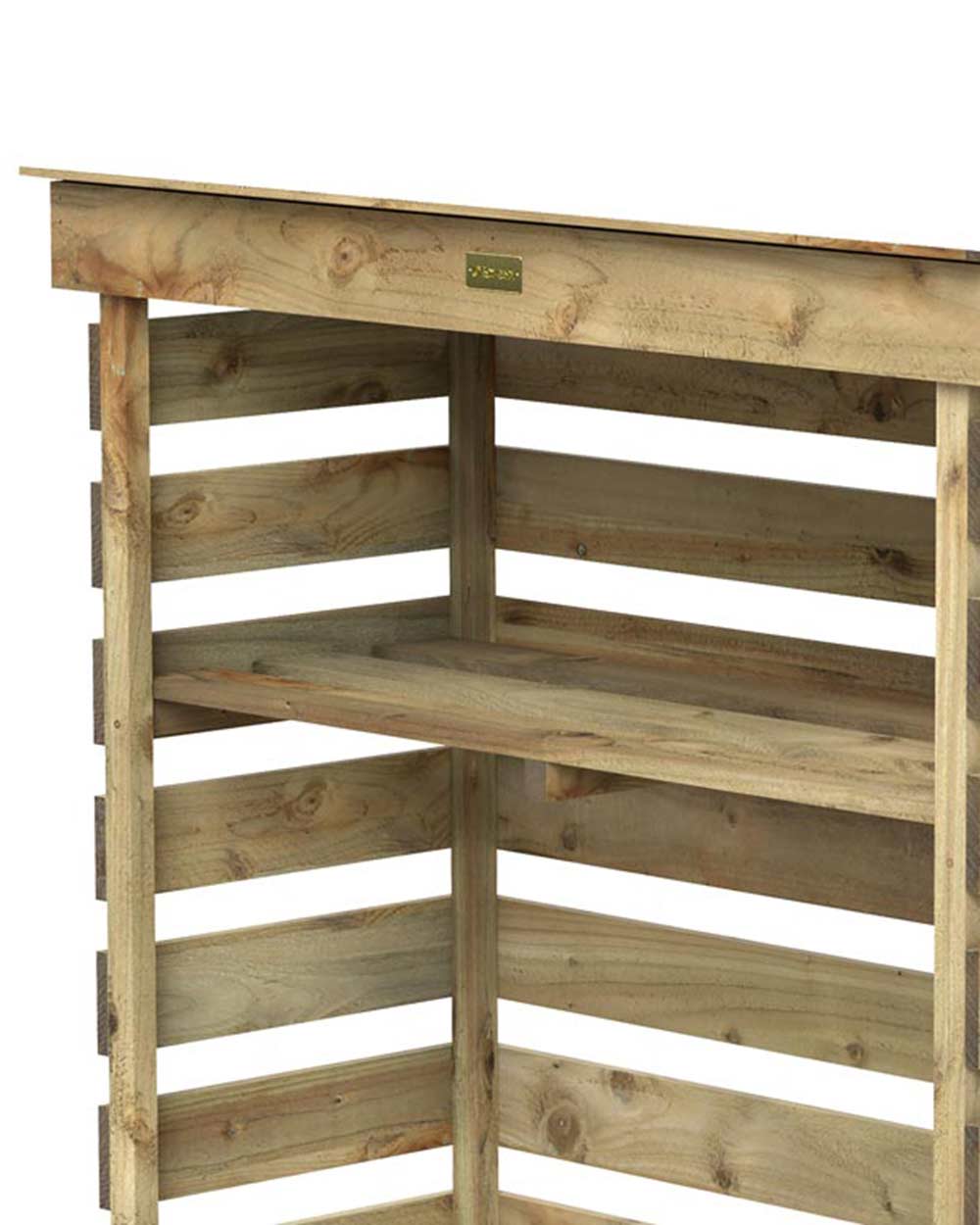 small log store without kindling or logs, on a white cut out background close up of the top