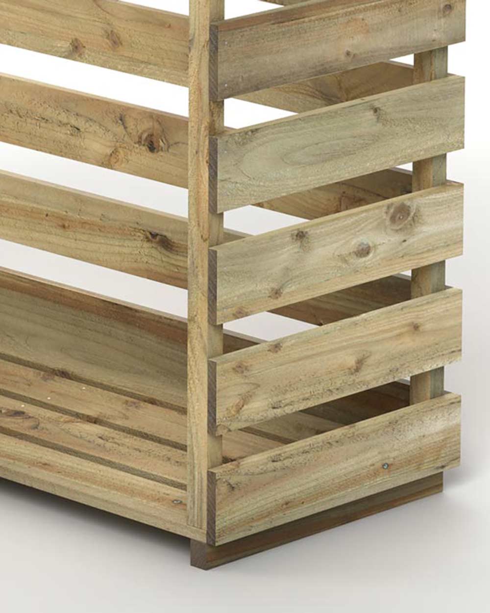 small log store without kindling or logs, on a white cut out background close up of the bottom