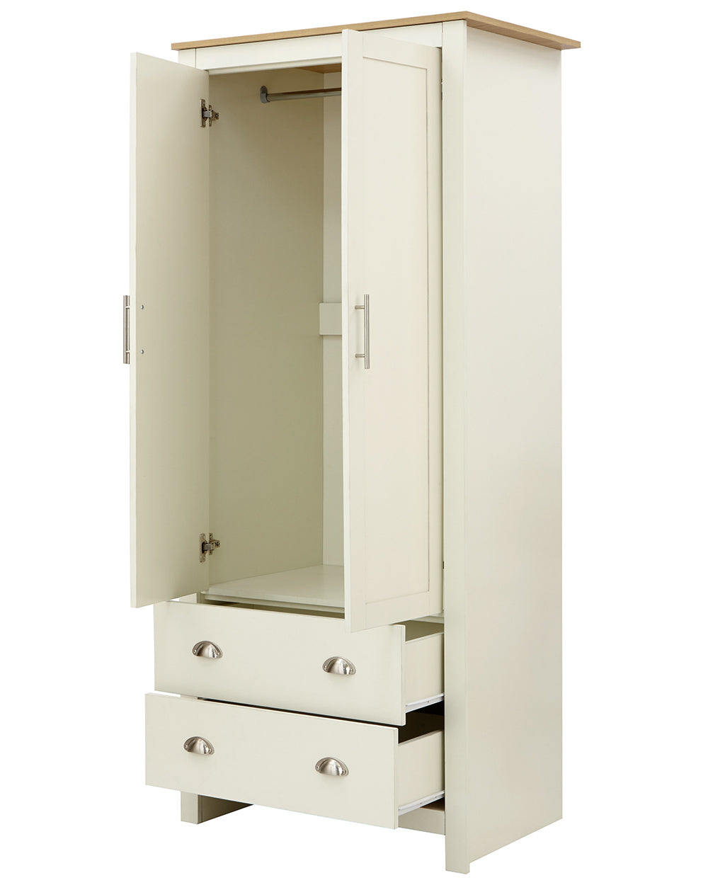 Lancaster shaker style wardrobe in cream with an oak effect top. Displayed on a white setting with the door open