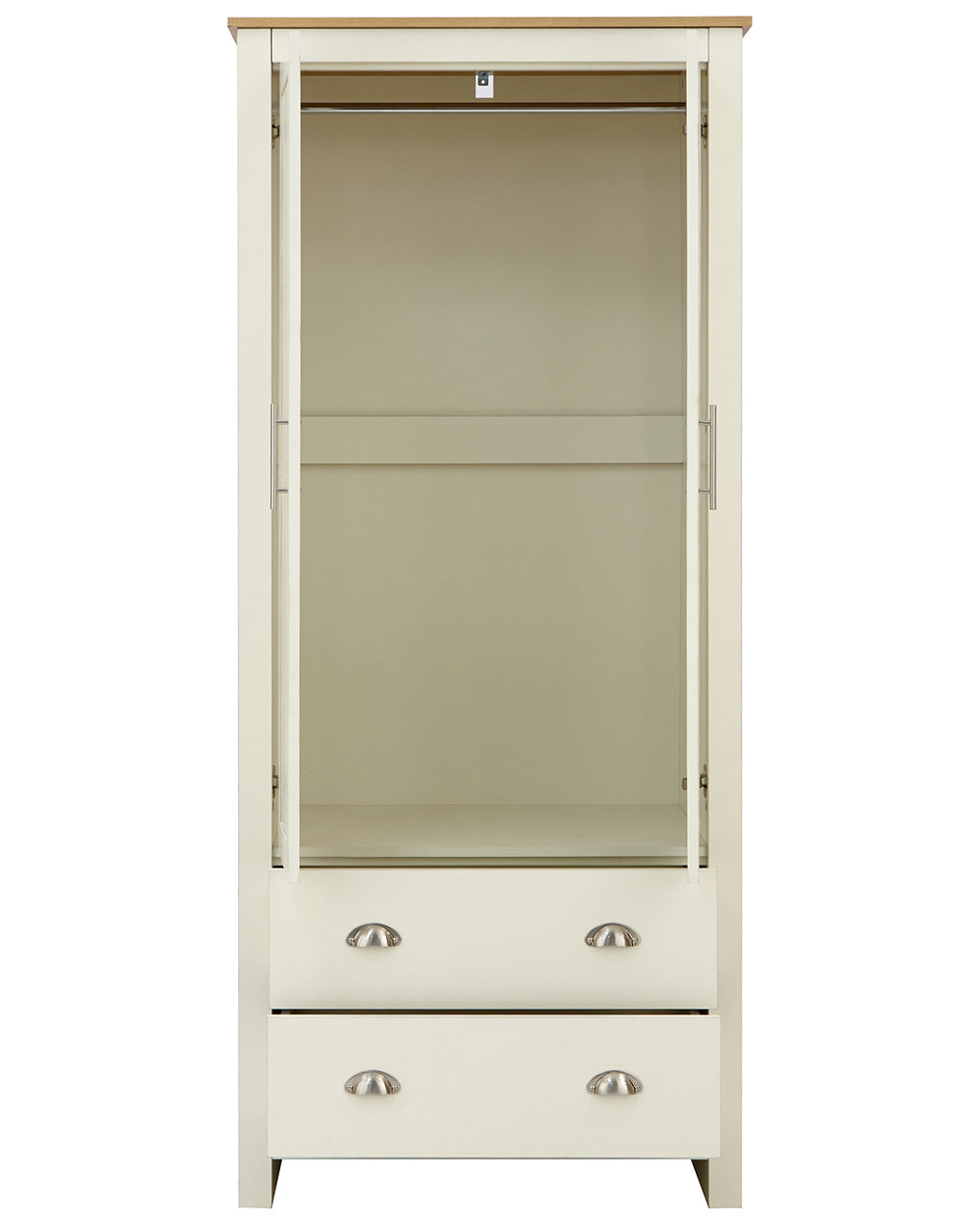 Lancaster shaker style wardrobe in cream with an oak effect top. Displayed on a white setting with the door open