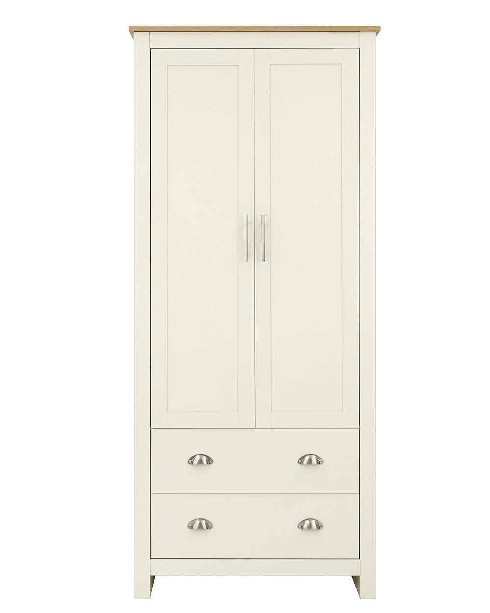 Lancaster shaker style wardrobe in cream with an oak effect top. Displayed on a white setting with the doors closed