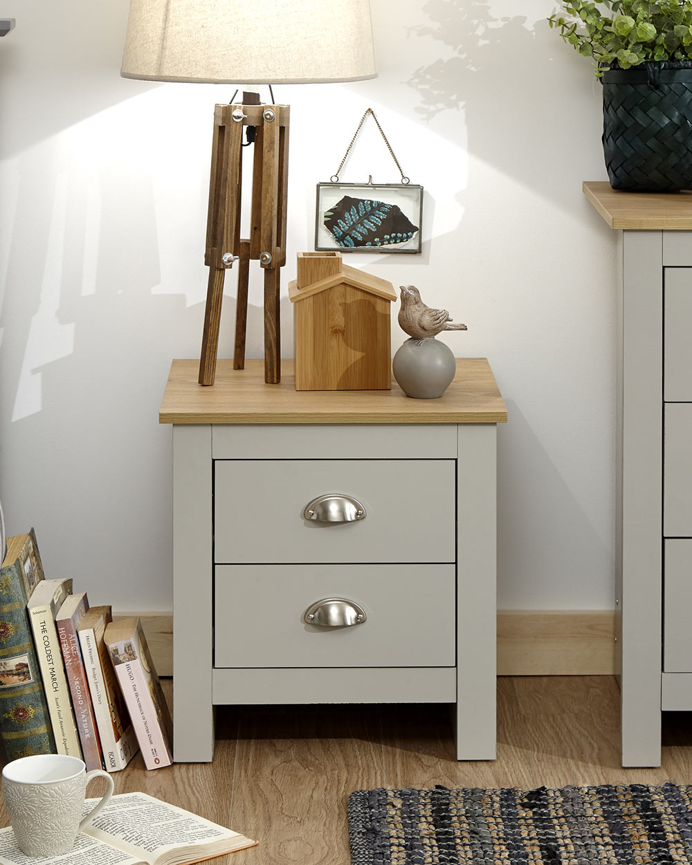 Lancaster 2 drawer bedside table cabinet in a lifestyle scene in a bedroom