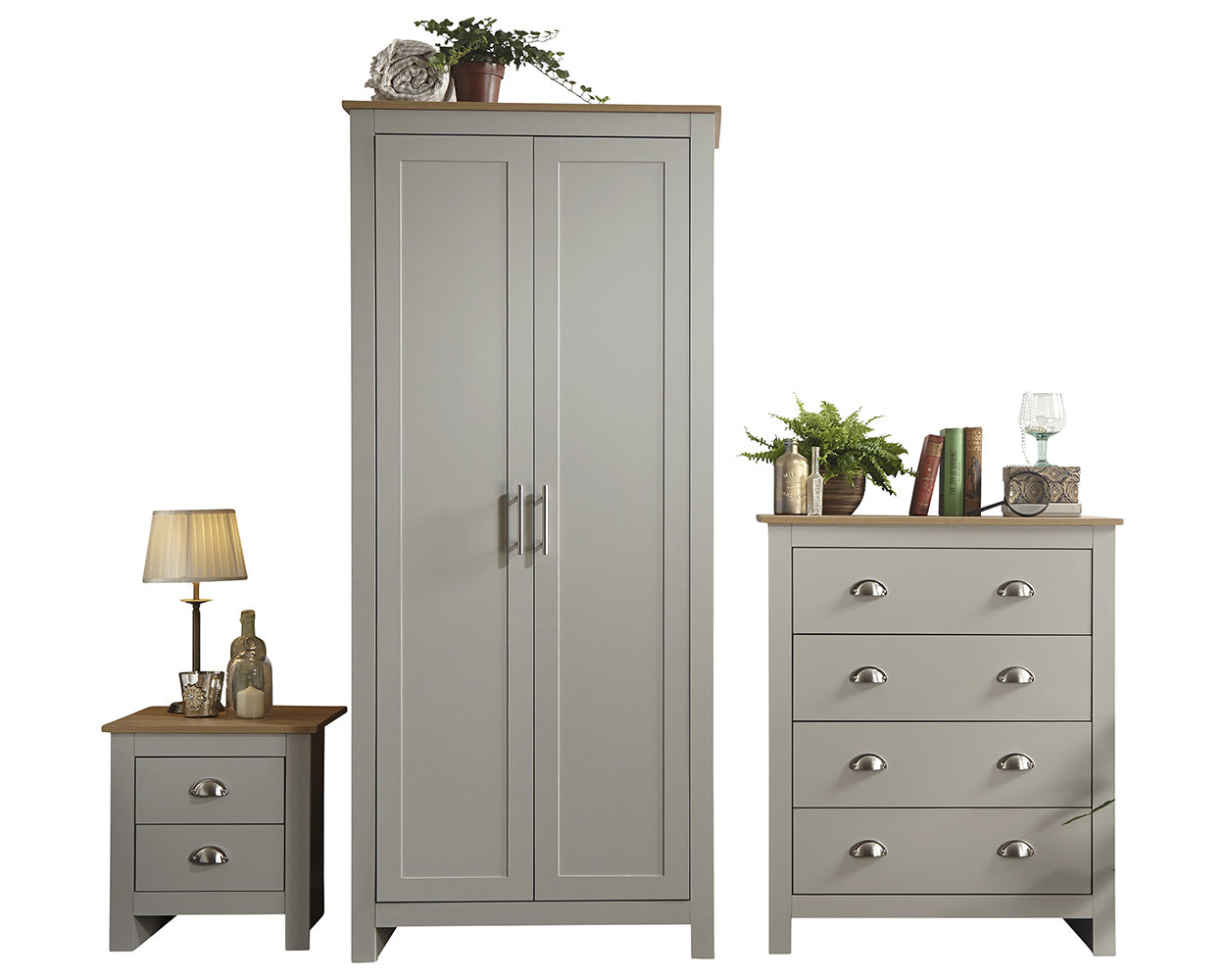 Lancaster 3 Piece Bedroom Furniture Set Grey on a white cut out image in a bedroom side by side