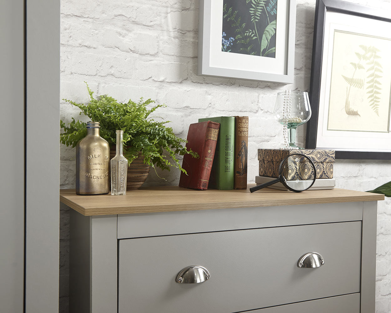 Lancaster 3 Piece Bedroom Furniture Set Grey lifestyle image in a bedroom side by side of the chest of drawers close up