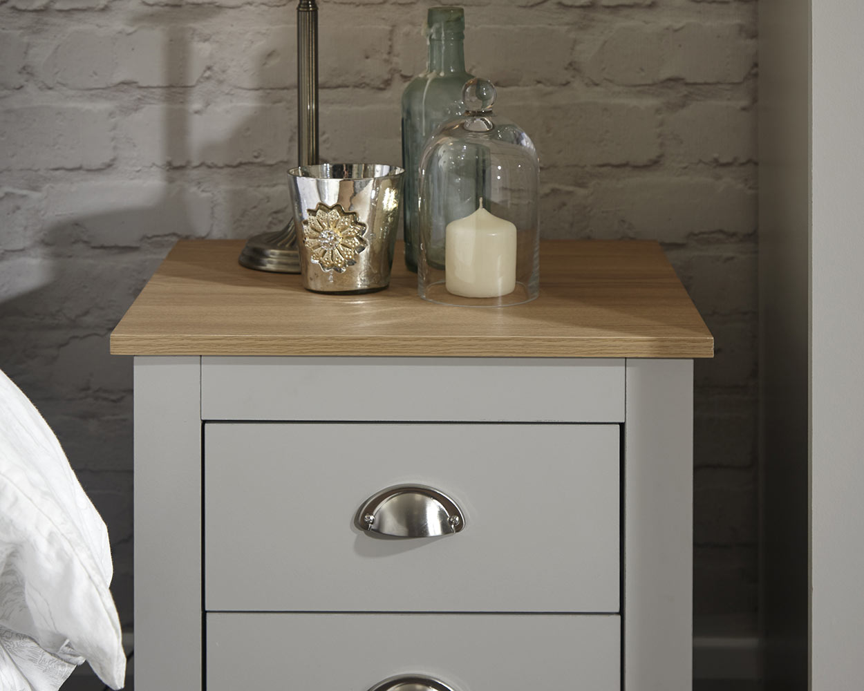 Lancaster 3 Piece Bedroom Furniture Set Grey lifestyle image of the bedside table close up