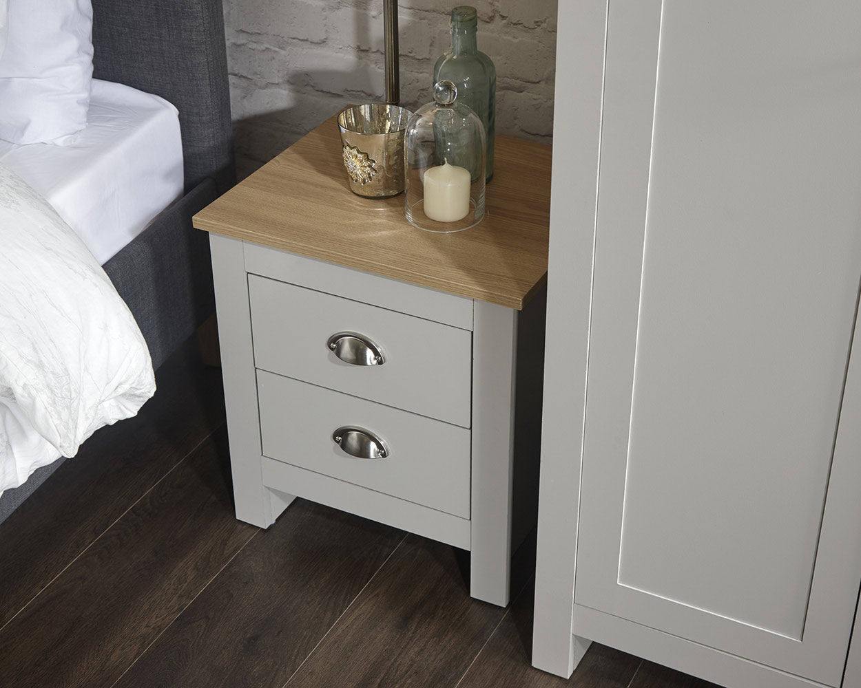 Lancaster 3 Piece Bedroom Furniture Set Grey lifestyle image of the bedside table