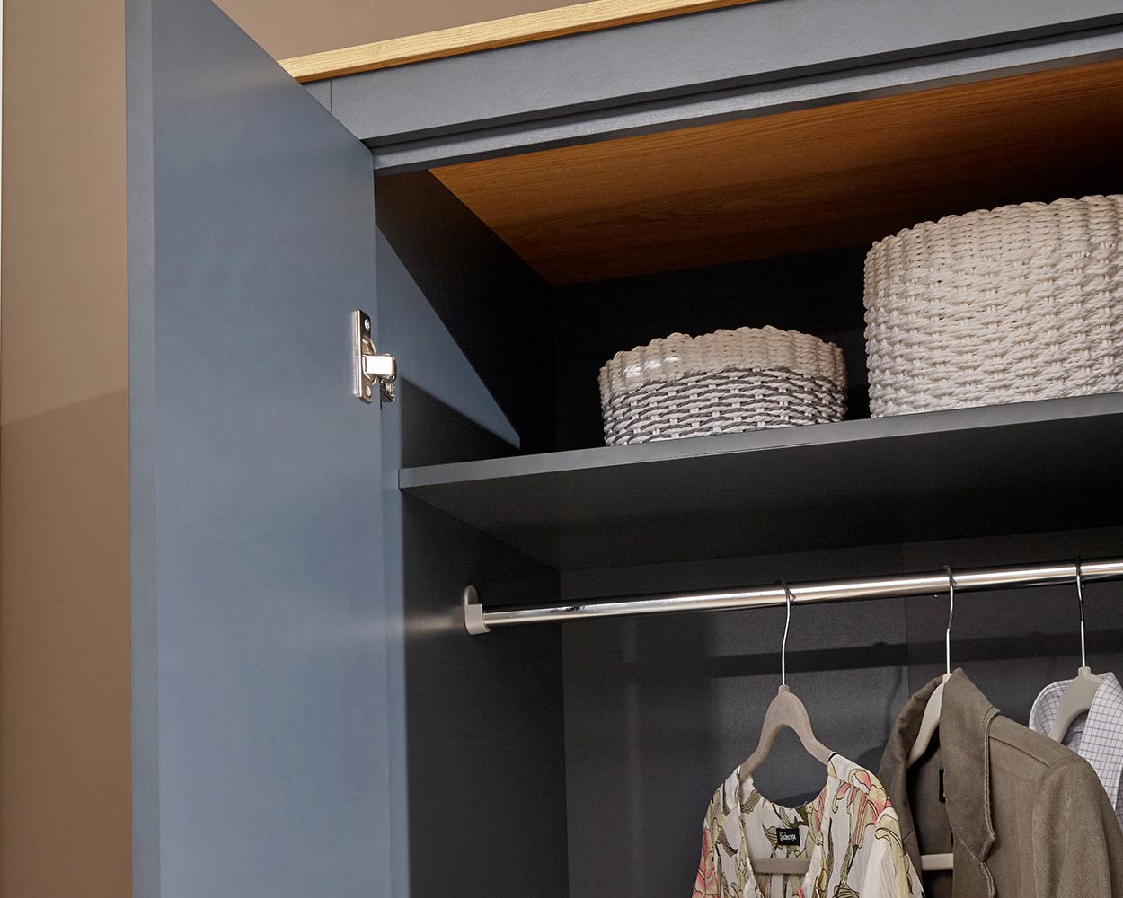 Lancaster 3 Piece Bedroom Furniture Set Slate Blue in a bedroom lifestyle setting close up of the wardrobe space
