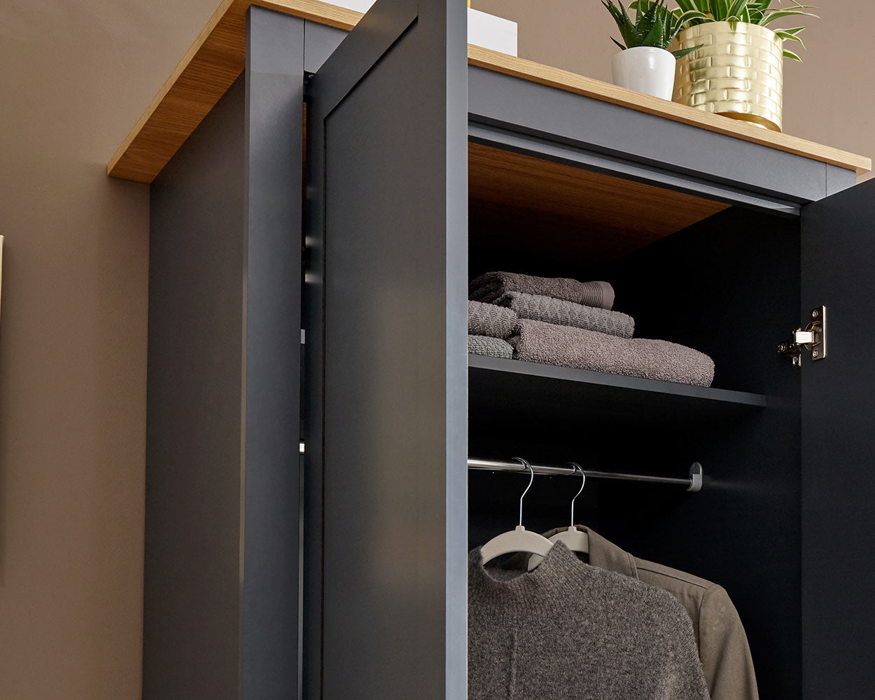 Lancaster 3 Piece Bedroom Furniture Set Slate Blue in a bedroom lifestyle setting close up of the wardrobe space